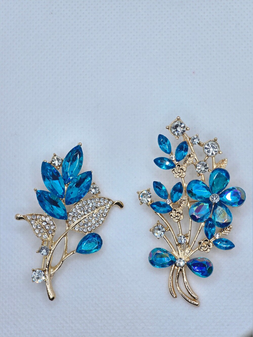 Blue Rhinestone Floral Brooch Set - 2 Piece Gold-Tone Pin Set